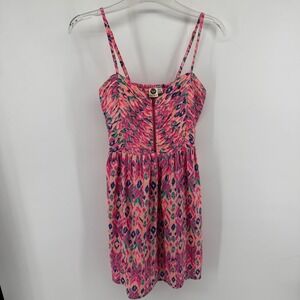 Roxy Womens Pink Ikat Print Mini Sundress Medium Front Zip Smocked Boho Summer